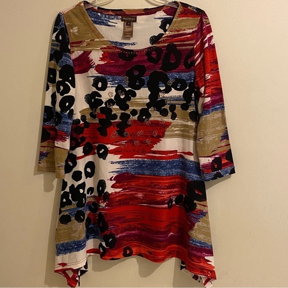 Multiples Tops - Multiples Women’s S 3/4 Sleeve Shark Bit Hemline Sequin Multicolor Pattern